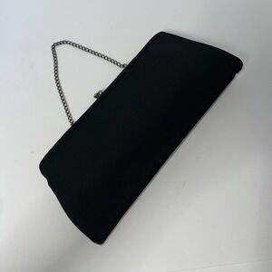 Vintage Black Satin Kisslock Evening Bag Clutch Purse Gold Tone Kiss Clasp Chain